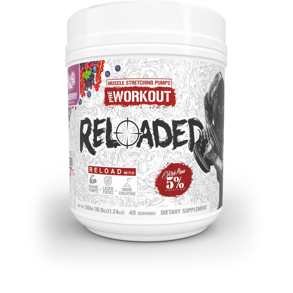 Front view of 5% Nutrition Reloaded High Stim Pre-Workout Wildberry can