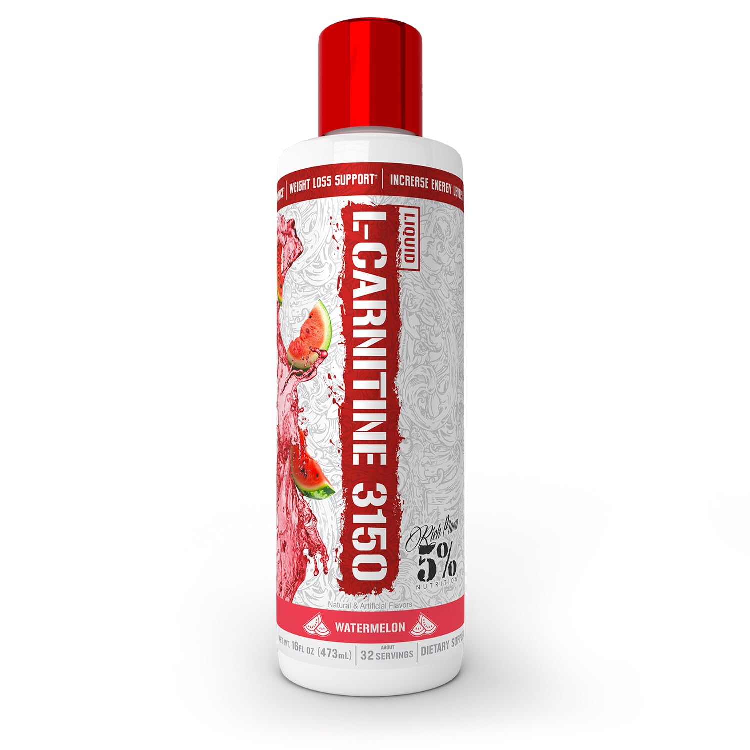 5% Nutrition Rich Piana Liquid L-Carnitine 3150 bottle front highlights powerful energy support