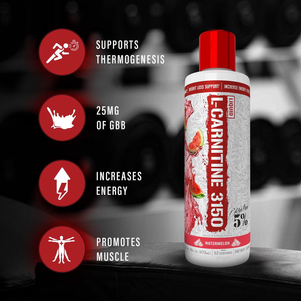 5% Nutrition Rich Piana Liquid L-Carnitine 3150 mandarin orange bottle highlights tangy energy option for workouts