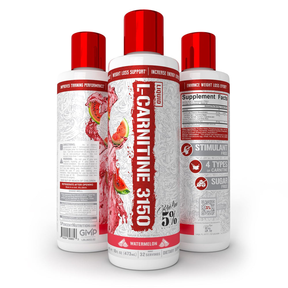 5% Nutrition Rich Piana Liquid L-Carnitine 3150 nutrition icons highlight sugar free and vegan attributes