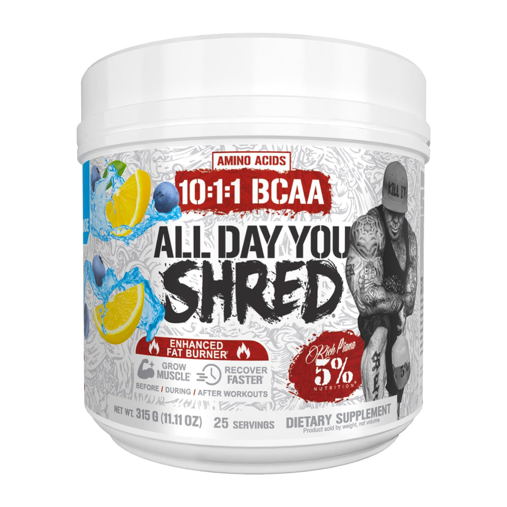 5% Nutrition Rich Piana AllDayYou Shred canister close-up showing energy-boosting formula