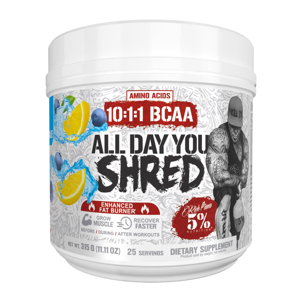 5% Nutrition Rich Piana AllDayYou Shred canister close-up showing energy-boosting formula