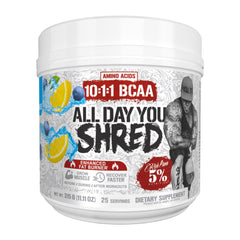 5% Nutrition Rich Piana AllDayYou Shred canister close-up showing energy-boosting formula