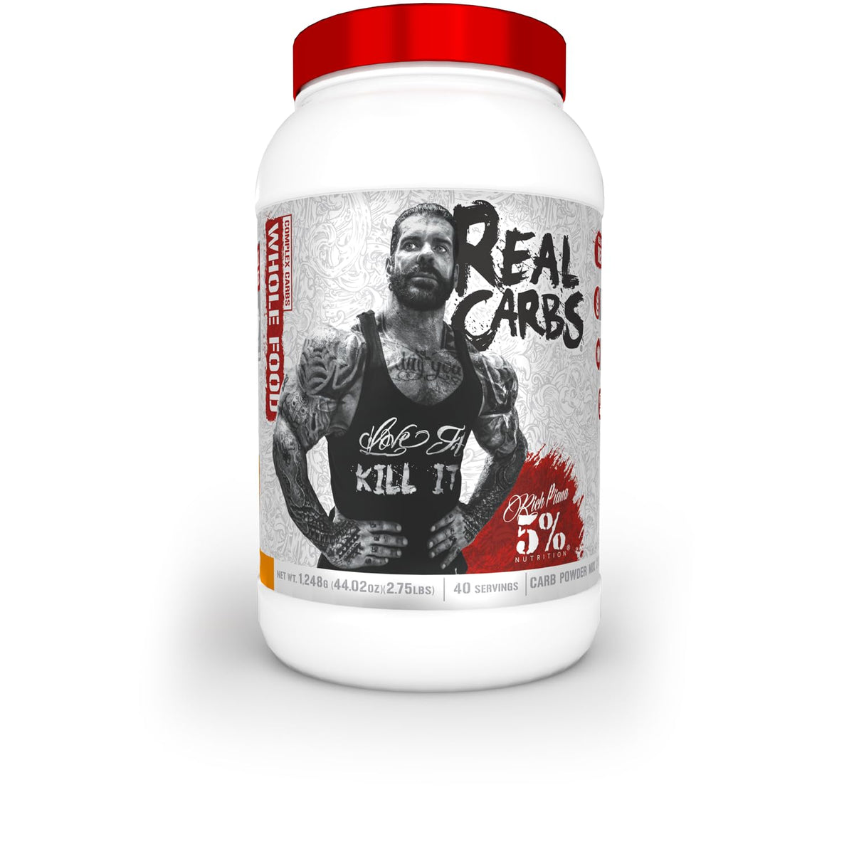 5% Nutrition Rich Piana Real Carbs canister label highlights real-food carbs for steady energy