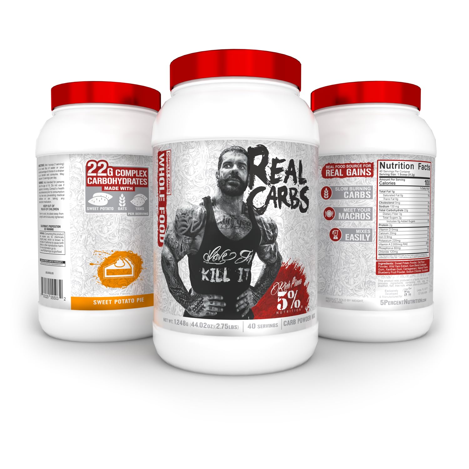 Pre-workout setup with Real Carbs indicates low-sugar complex carbs for glycogen support
