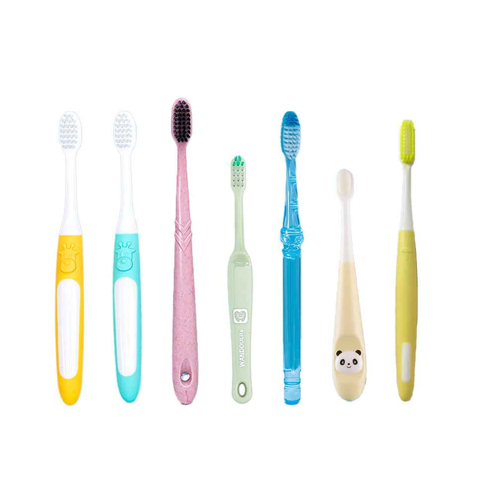 6-pack family toothbrush set showing 4 adult and 2 kids brushes in assorted colors