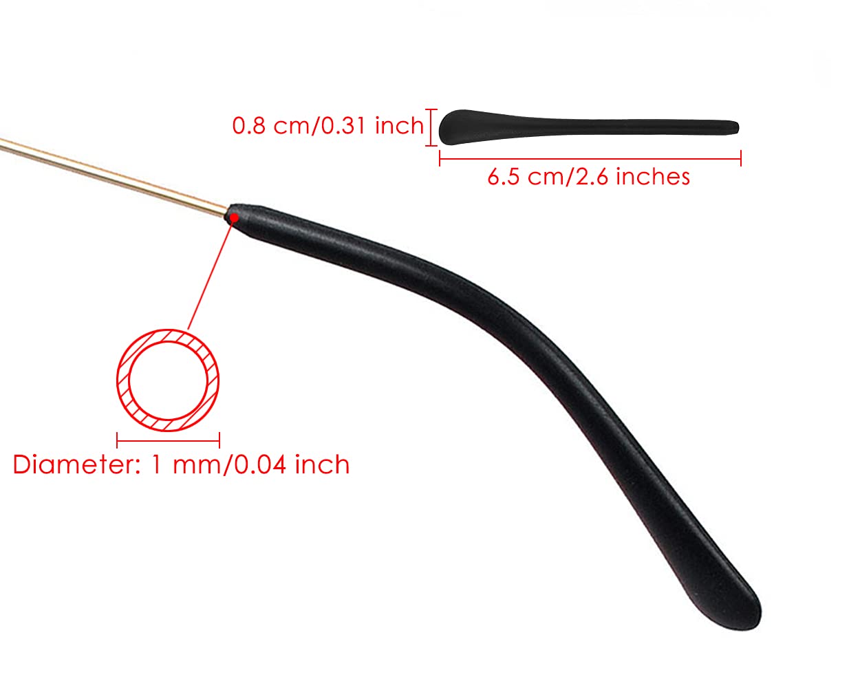 Close-up of anti-slip silicone temple tip on metal eyeglass temple