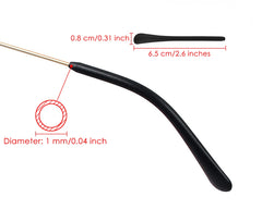 Close-up of anti-slip silicone temple tip on metal eyeglass temple