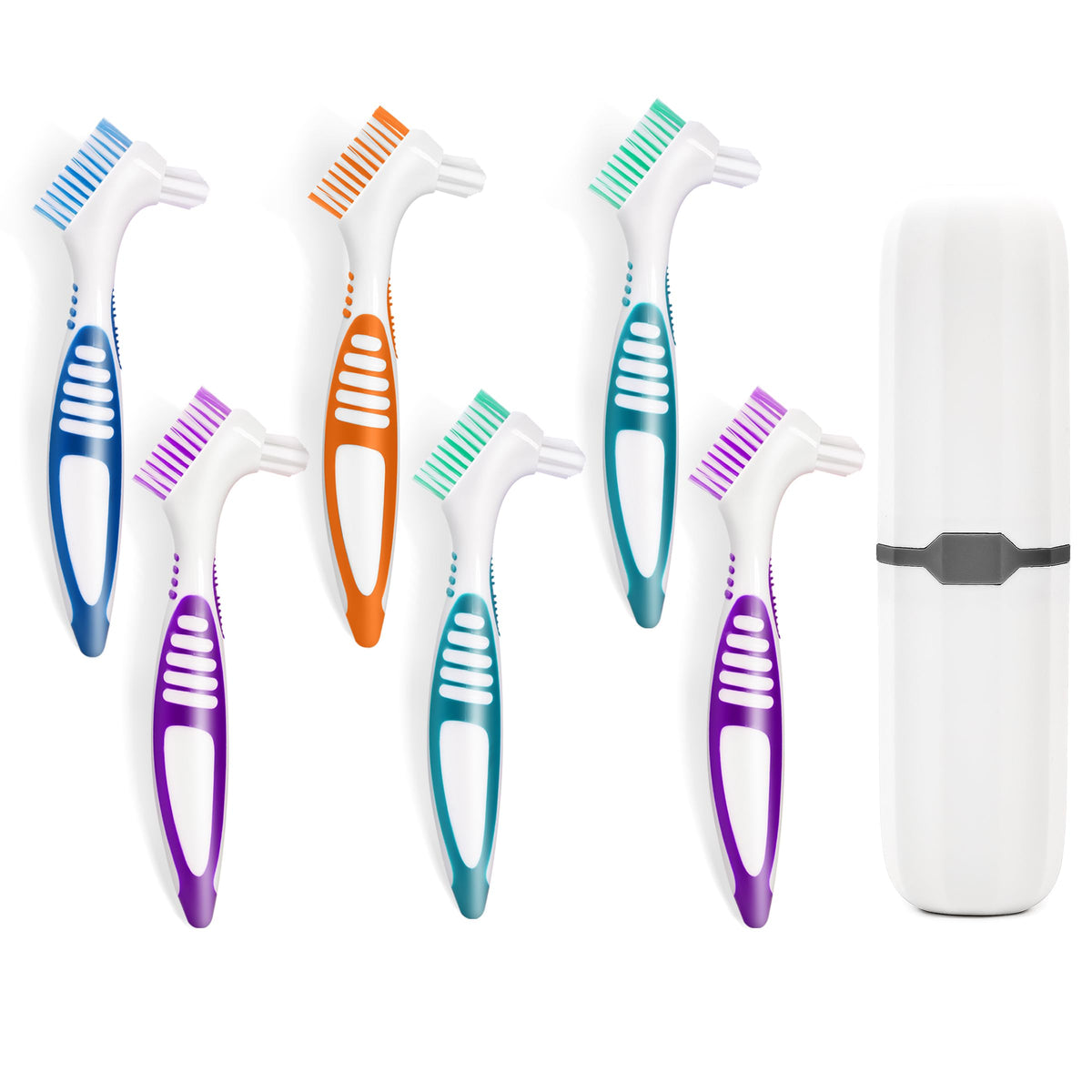 Six denture brushes with dual heads and white carrying case