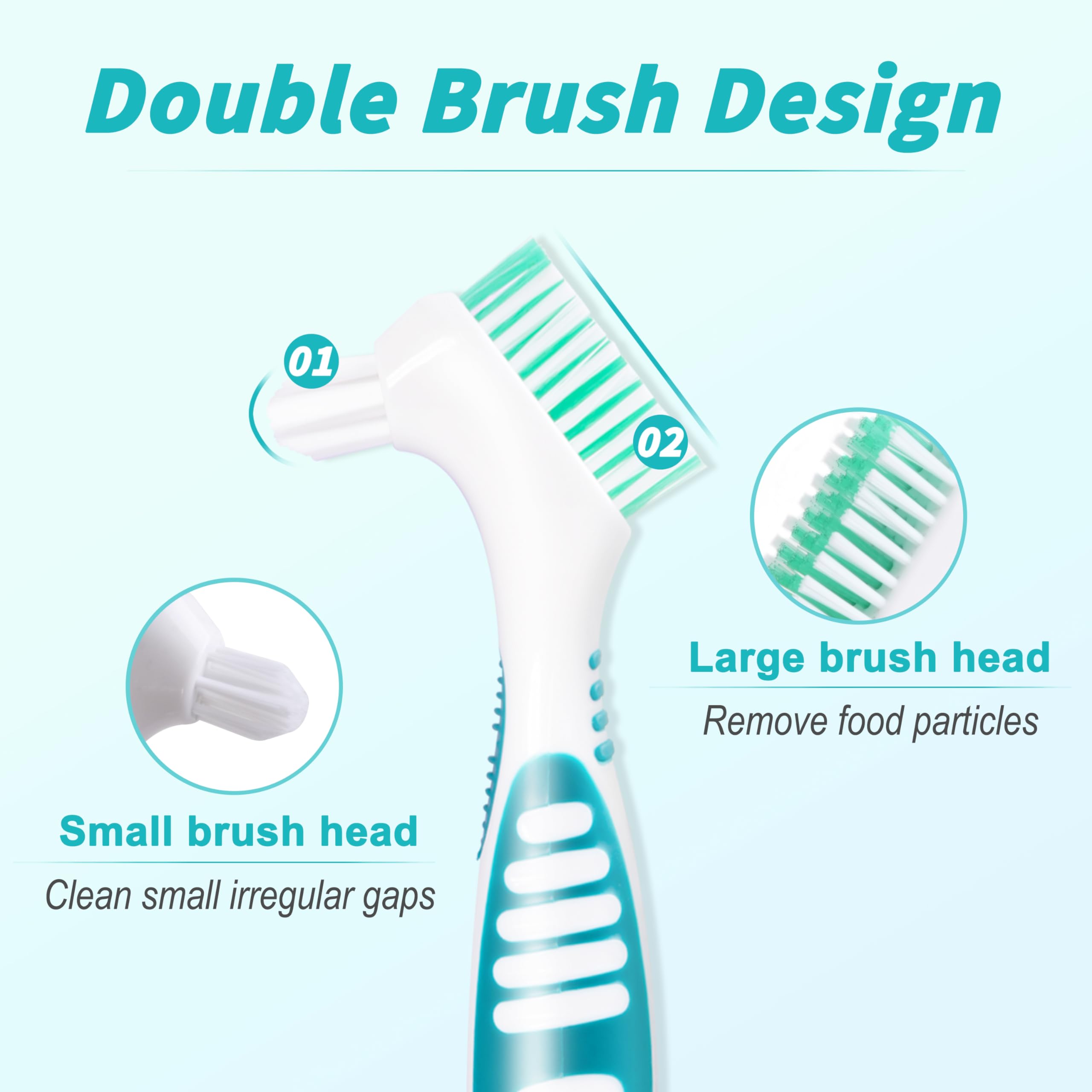 Close-up of small pointed denture brush head for crevices