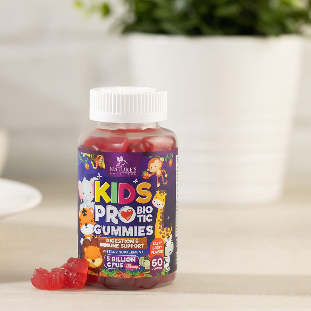 60-count bottle of kid probiotic gummies, berry flavor