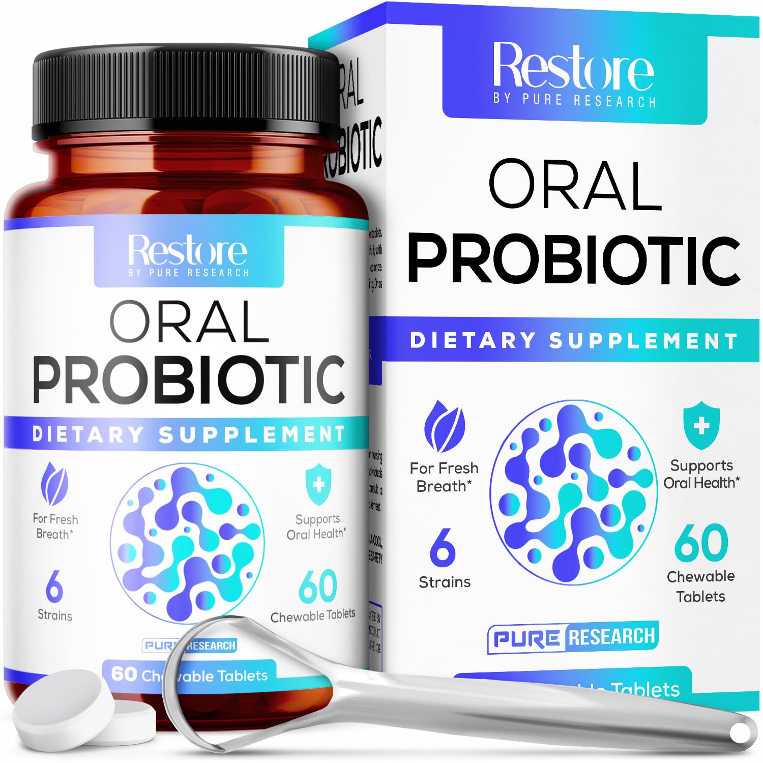 60-count bottle of oral probiotics with tongue scraper
