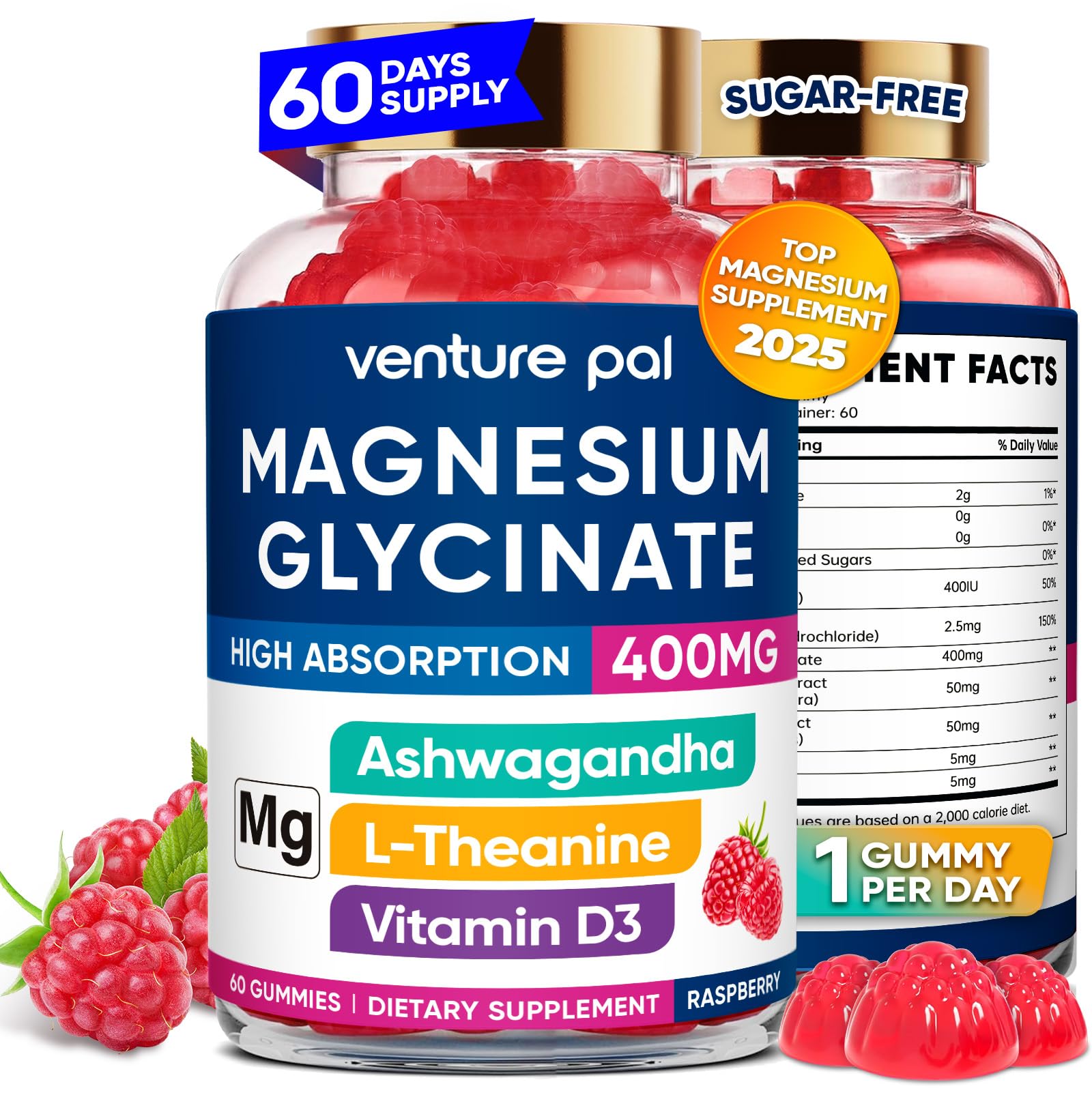 60-day supply magnesium glycinate gummies with Ashwagandha and L-Theanine – front label