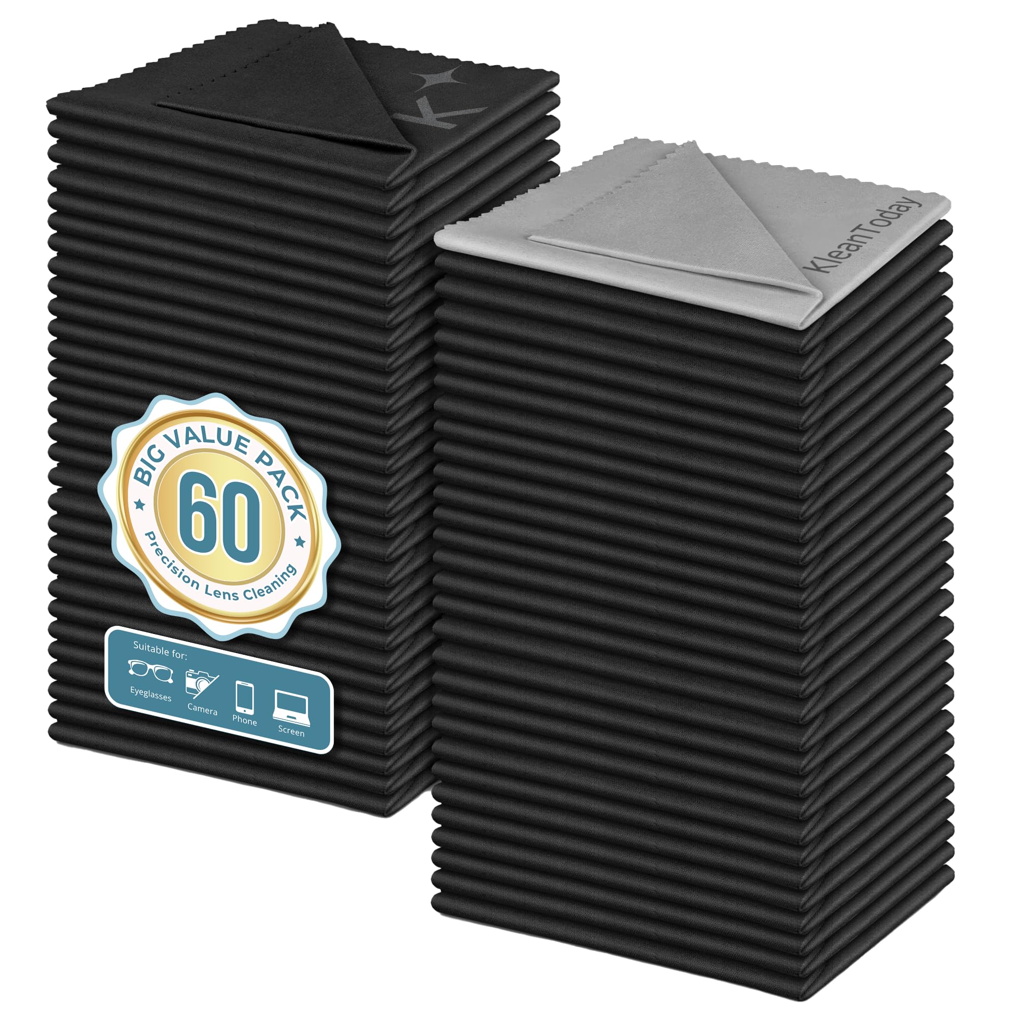 60-pack Japanese-style microfiber glasses cleaning cloths in dark gray and white