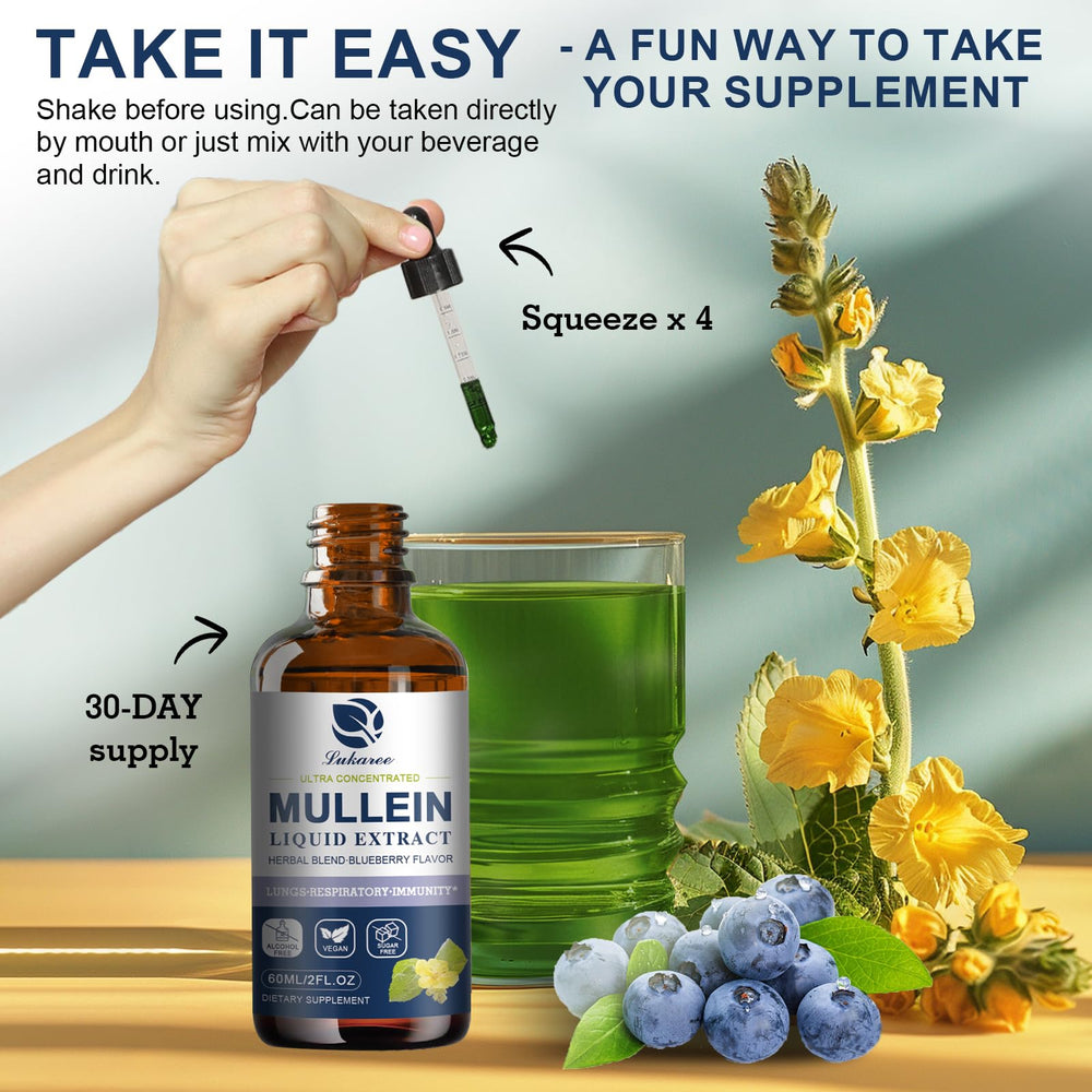 Bottle of mullein drops providing 60 servings for lung health