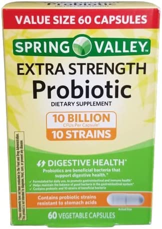60 Spring Valley Extra Strength Probiotic Capsules bottle with 10 probiotic strains, 10 Billion CFU, 2024