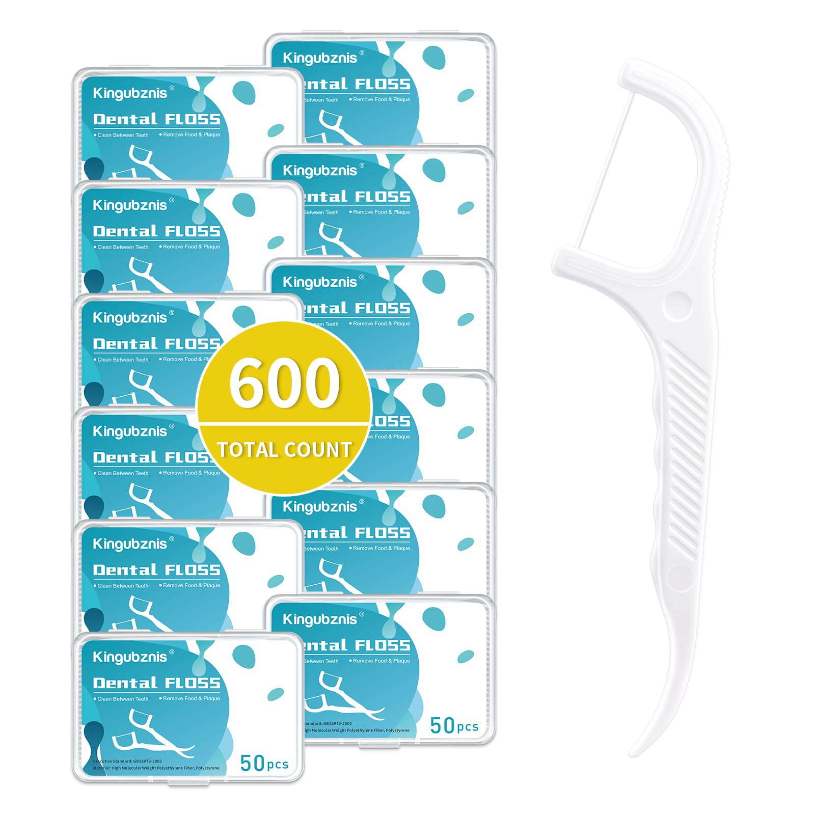Front view of 600-count dental floss picks with non-slip grip handle