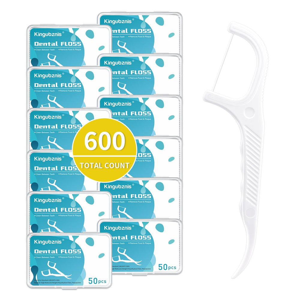Front view of 600-count dental floss picks with non-slip grip handle