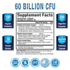 Capsules displaying 60B CFU with 10 probiotic strains