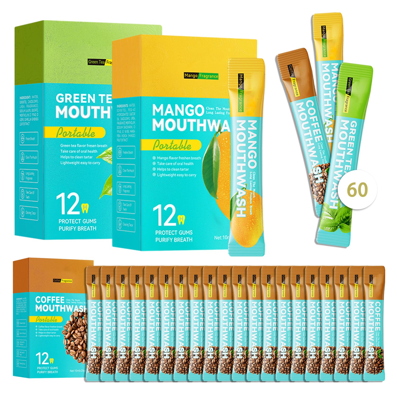 Front view of 60-piece travel size mouthwash packaging