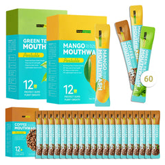 Front view of 60-piece travel size mouthwash packaging