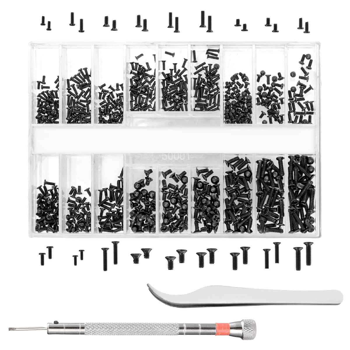 630 piece micro repair screw kit with 18 sizes, screwdriver and tweezers