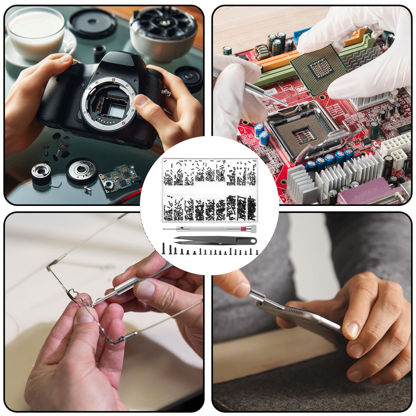 Screwdriver and tweezers included in the kit