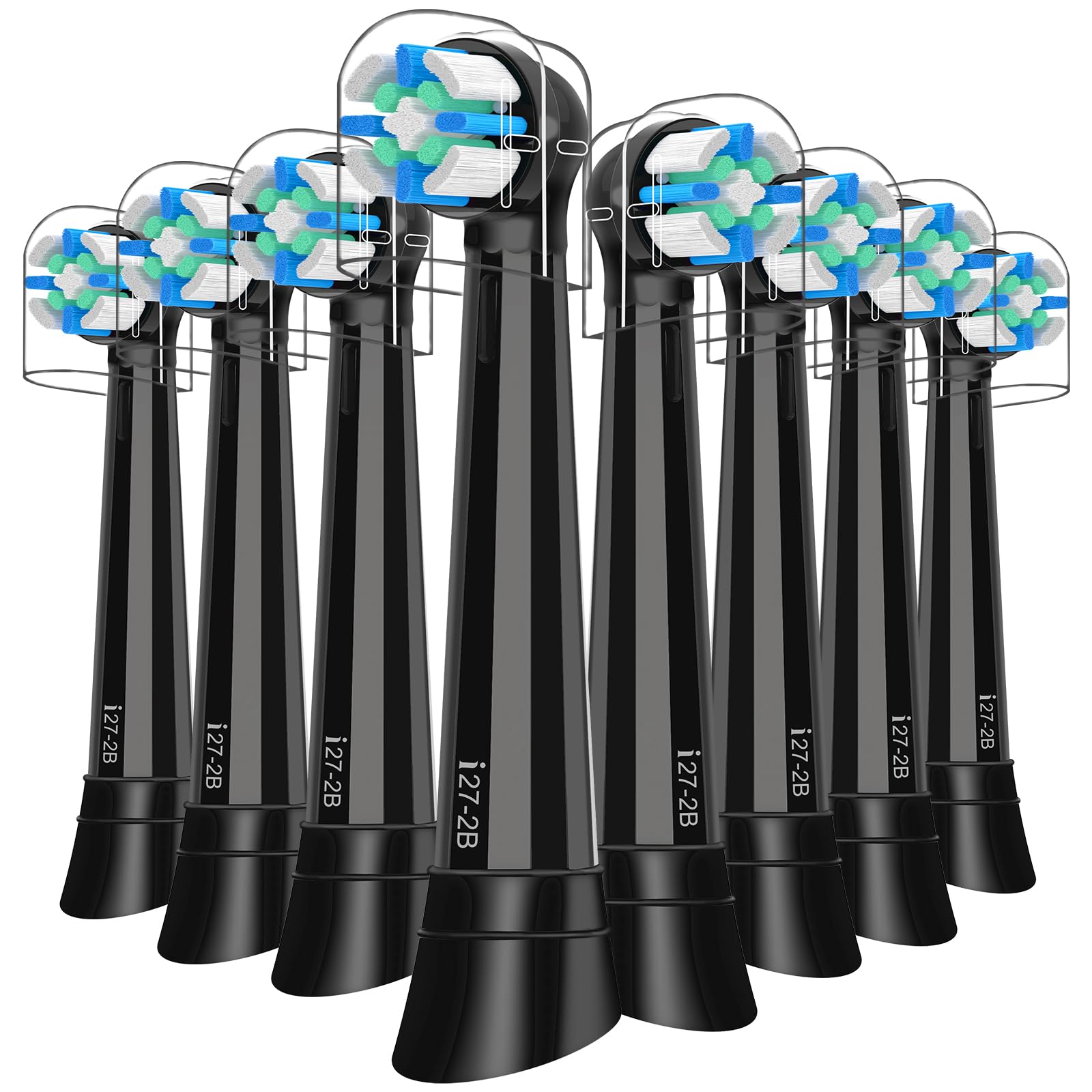 Six 6black IO toothbrush heads arranged for Oral-B iO compatibility