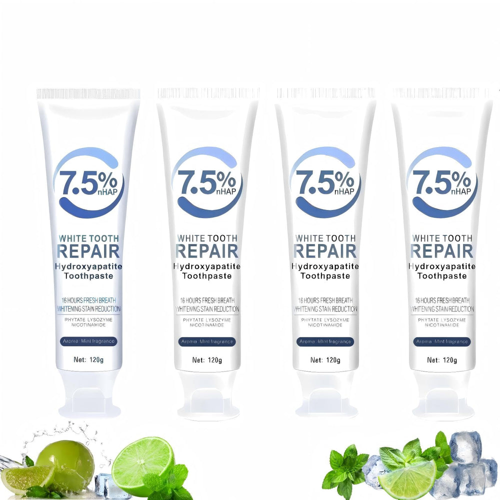7.5% hydroxyapatite toothpaste tube on white background
