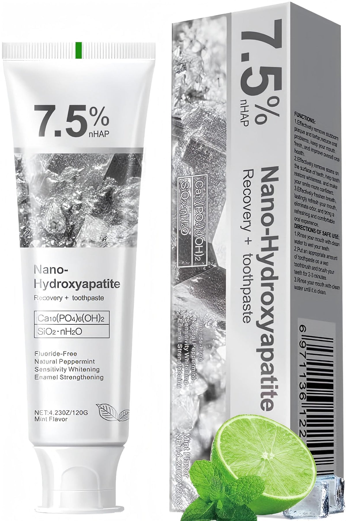 Packaging of 7-5% hydroxyapatite toothpaste with fresh mint