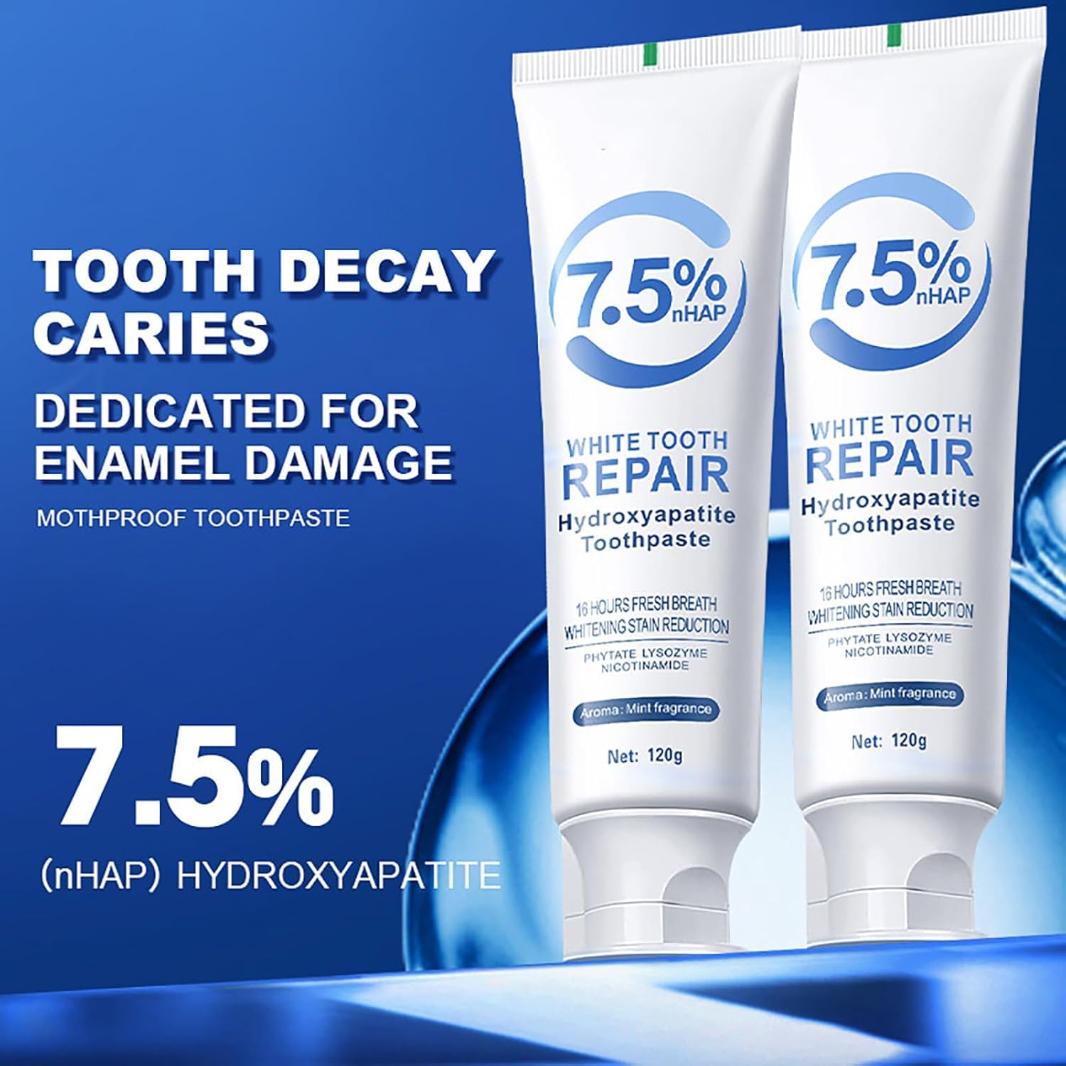 Tube of 7.5% hydroxyapatite toothpaste showing label