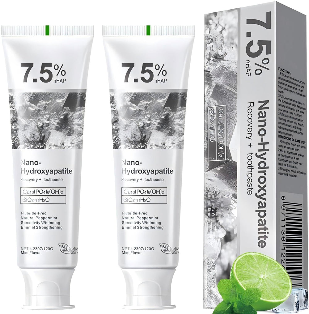 Product image: 7.5% hydroxyapatite toothpaste showing enamel protection