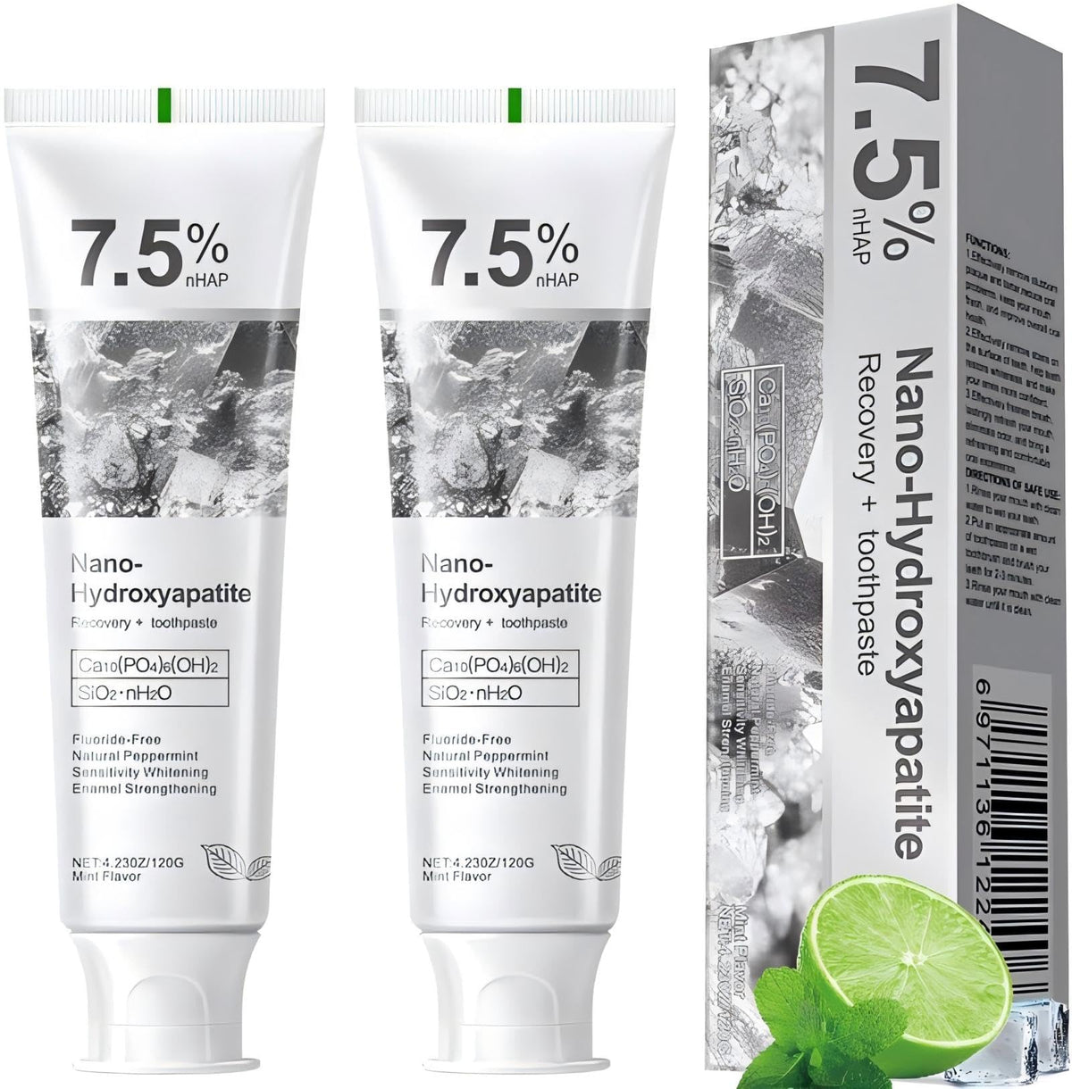 Product image: 7.5% hydroxyapatite toothpaste showing enamel protection