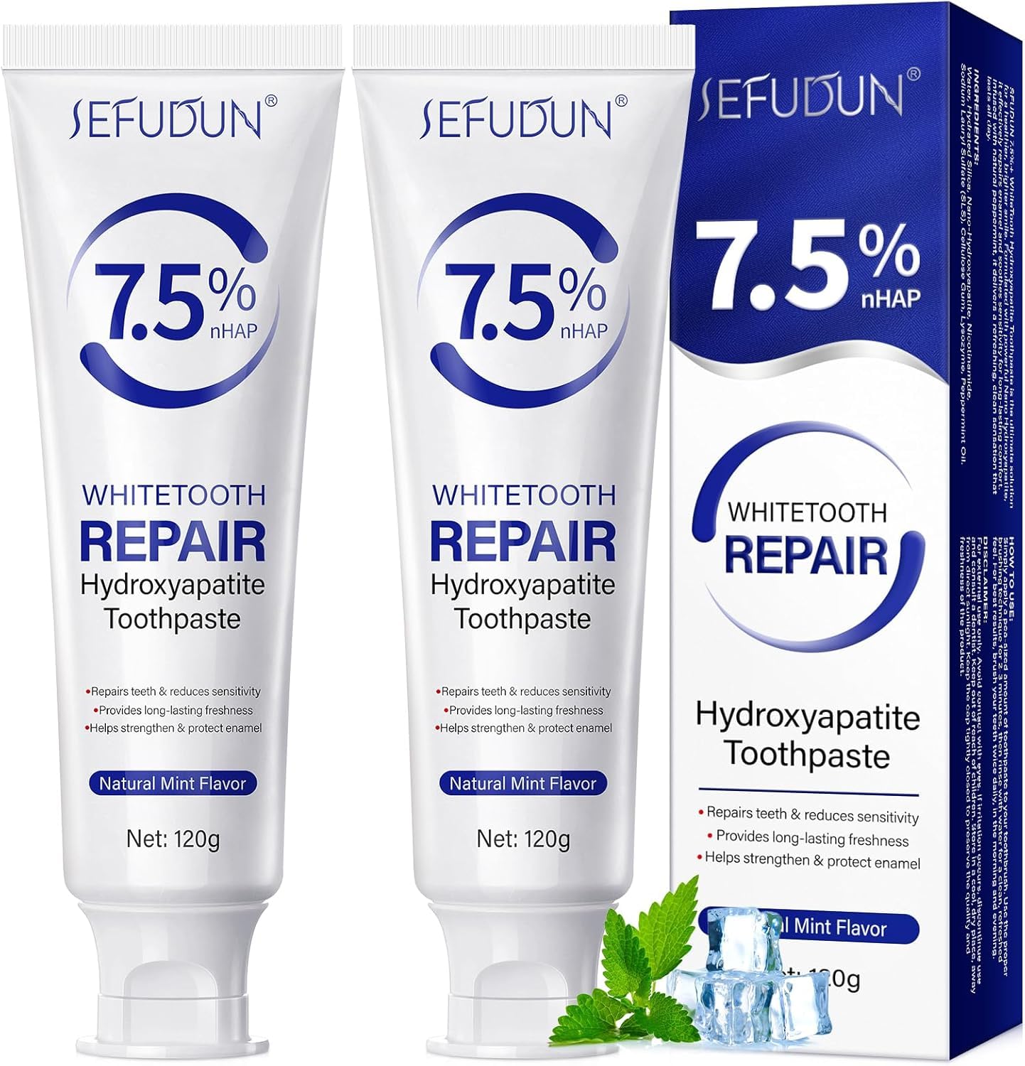 Hero image showing 2-piece 7.5% hydroxyapatite toothpaste fluoride-free packaging
