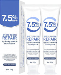 Front view of two-piece 7.5% hydroxyapatite toothpaste