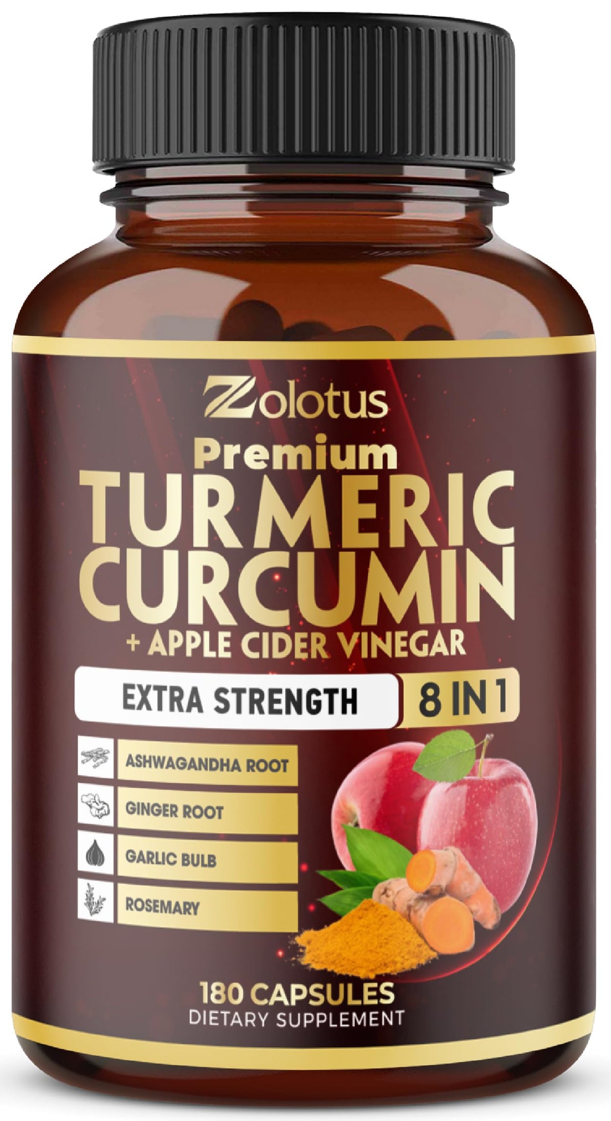 Front view of 7 in 1 Turmeric Curcumin + Apple Cider Vinegar Capsules bottle, 180-count