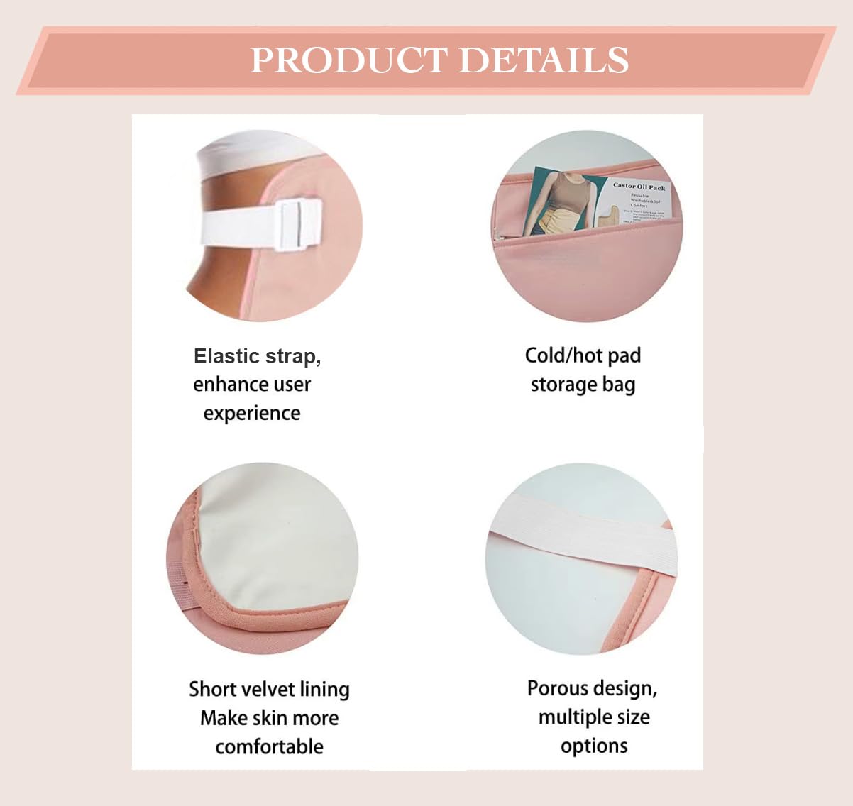 Zip pocket design on the castor oil pack wrap for heat/cold packs