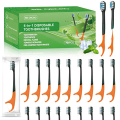 Front view of 70Pack disposable toothbrush with toothpaste 5-in-1 travel kit