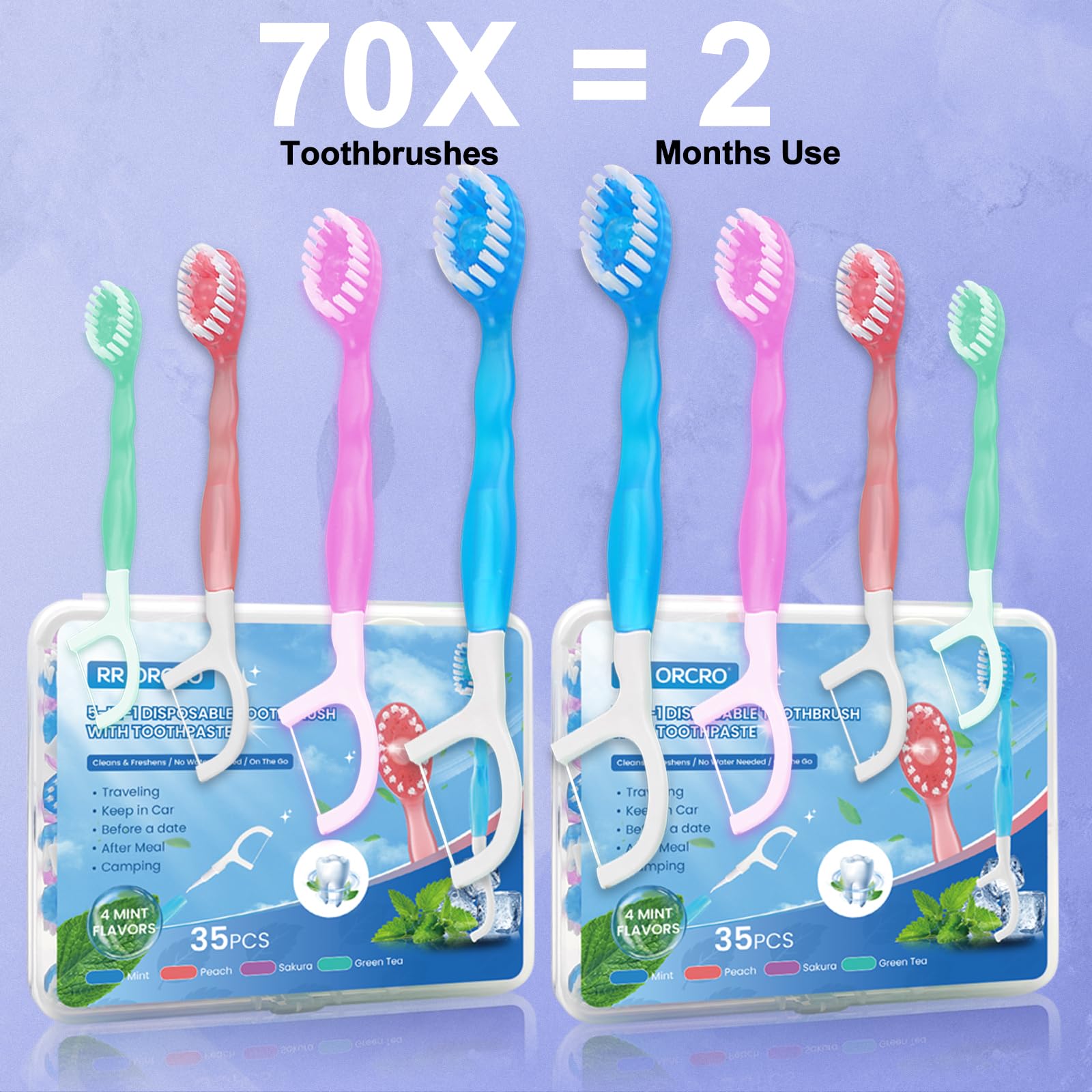 Close-up of mini 5-in-1 disposable travel toothbrush showing toothbrush, toothpaste, tongue scraper, floss, and pick