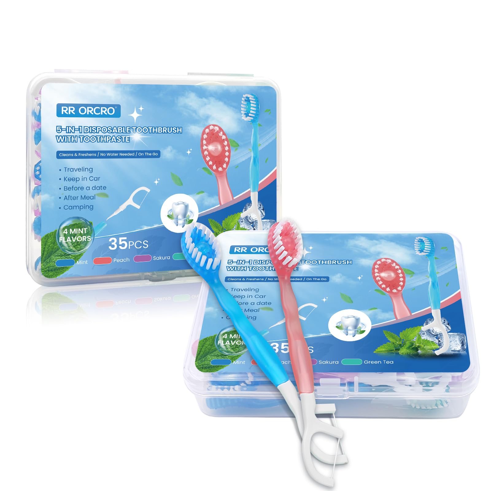 Individually wrapped mini toothbrushes ready for travel in a compact box