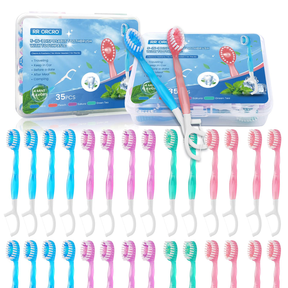 70Pack mini disposable toothbrush with toothpaste, tongue scraper, floss and pick in a palm-sized box