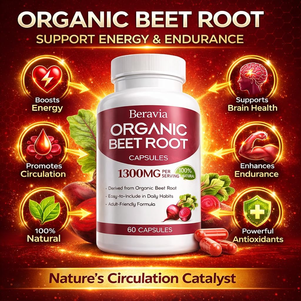 Organic Beet Root Capsules, Natural Beet Root for Daily Wellness and Energy Support, with Naturally Occurring Plant Nitrates, Vegan, Non-GMO, Gluten-Free-1300mg, 60 Capsules
