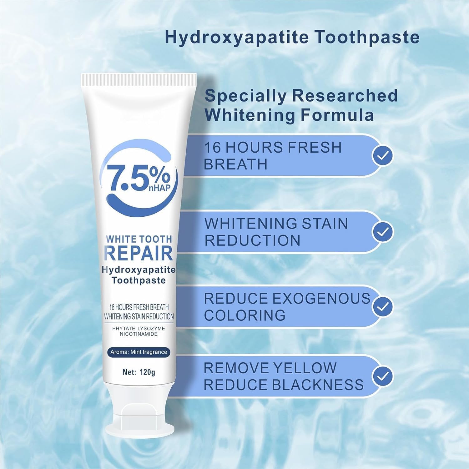 7.5% hydroxyapatite toothpaste repairing enamel and whitening