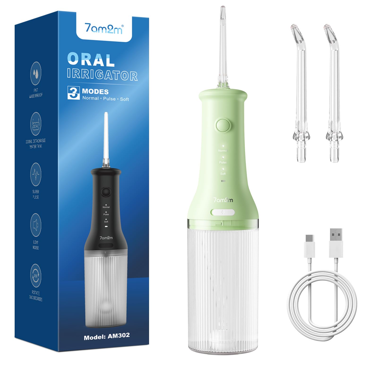 7AM2M Water Dental Flosser Cordless Light Green with 2 jet tips and 3 modes
