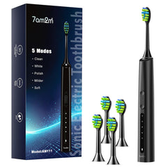 7AM2M Sonic Electric Toothbrush Black - front view with brush heads attached