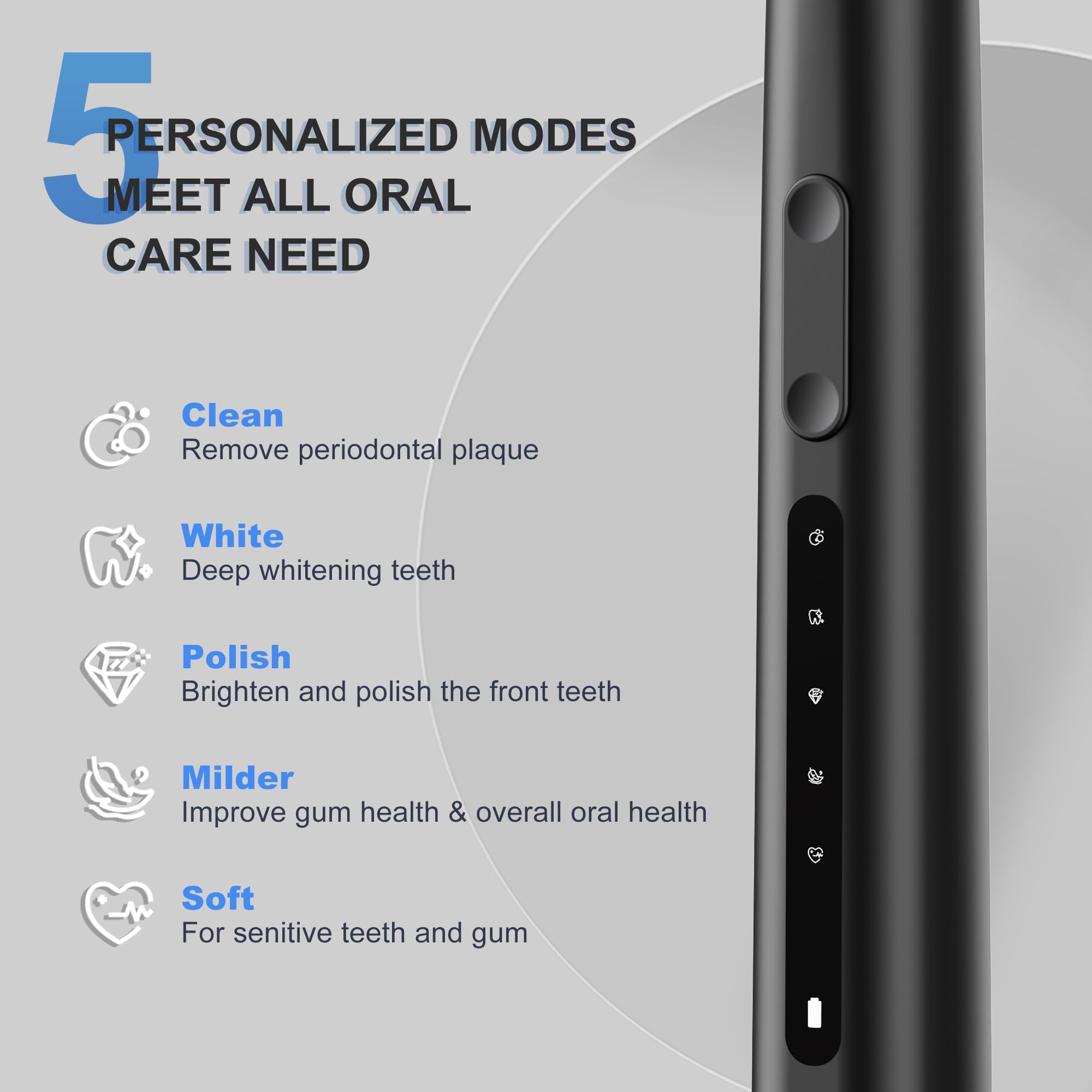 7AM2M Sonic Electric Toothbrush Black - close-up of 5 cleaning modes
