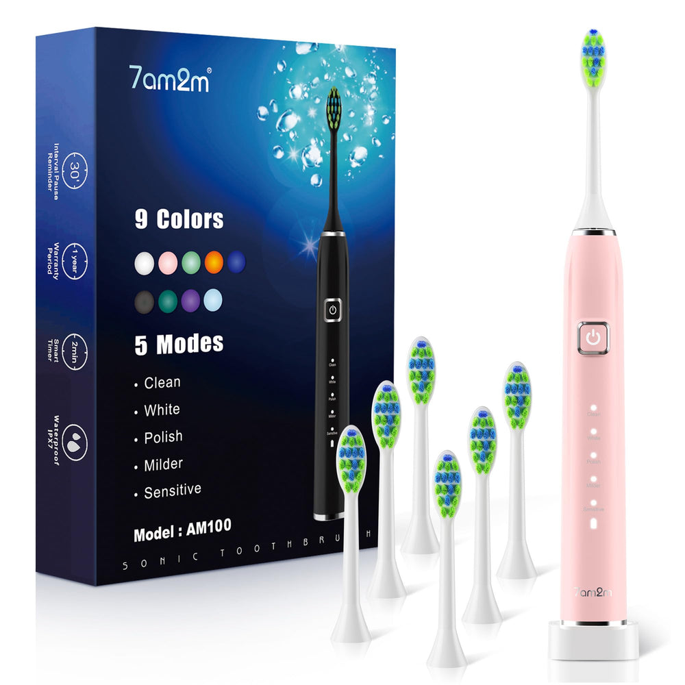 Front view of 7AM2M Sonic Electric Toothbrush in pink