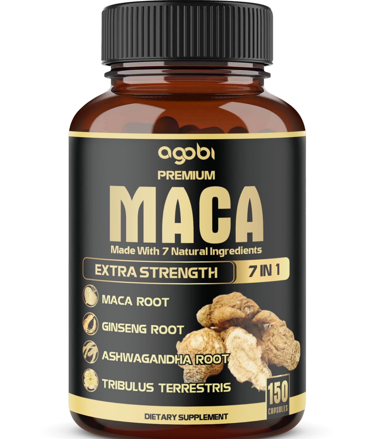 Bottle front view of 7in1 Premium Maca Root Capsules, 150 count