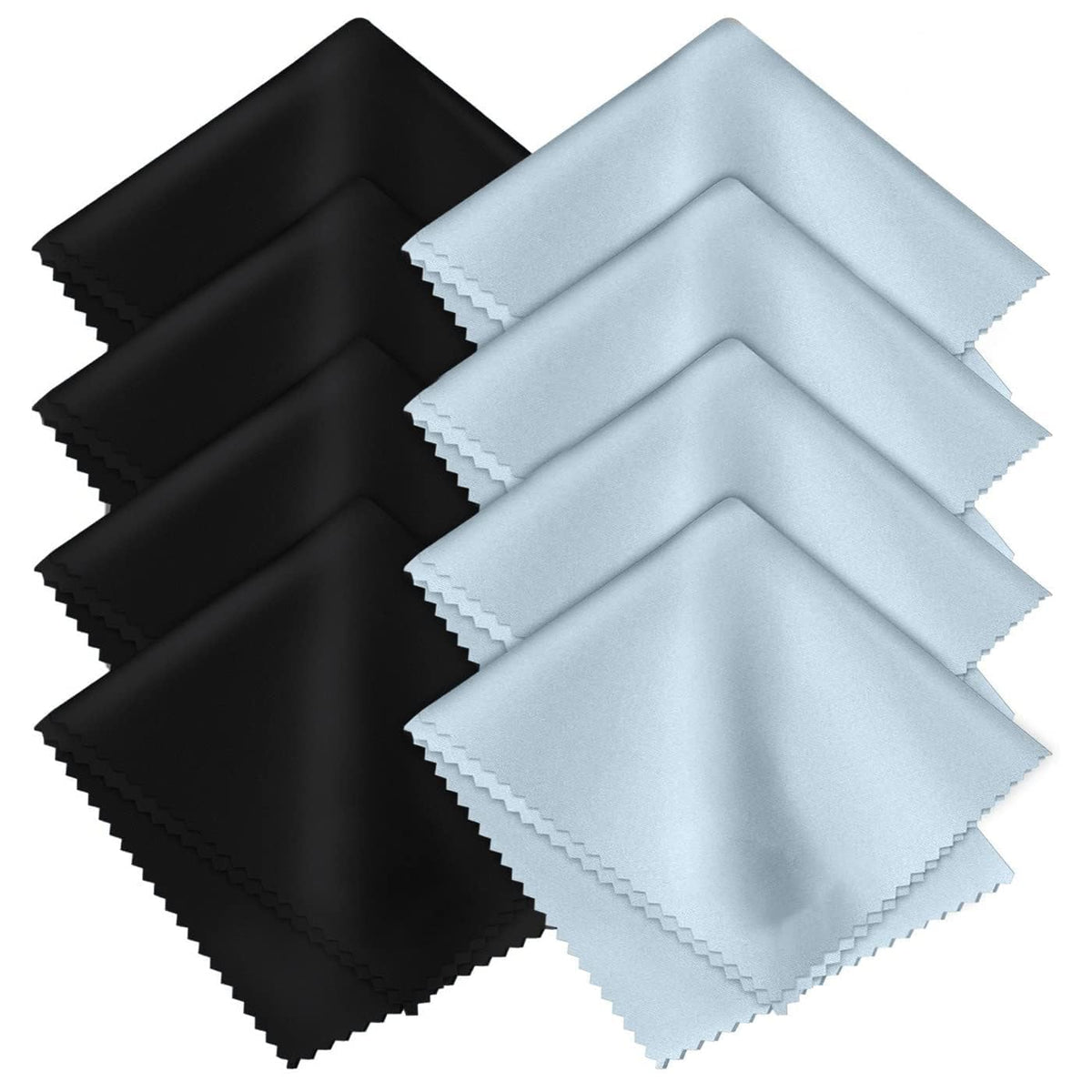 Eight-pack premium microfiber cleaning cloths in black and blue colors
