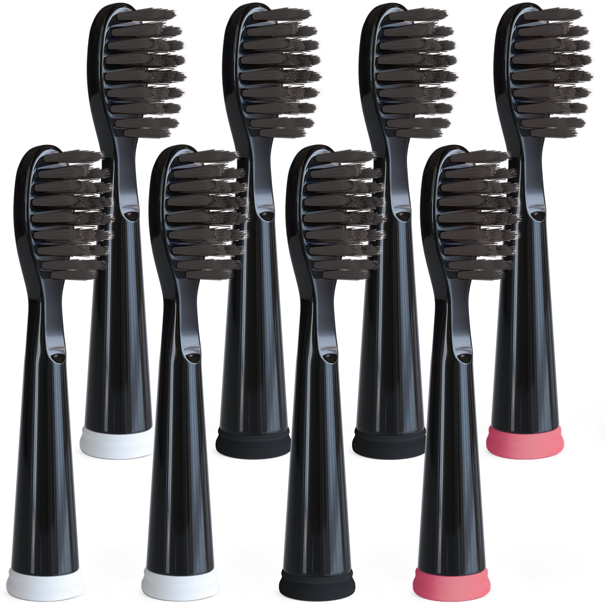 8-pack replacement electric toothbrush heads compatible with Fairywill, Sonic-FX, and SnapWhite in black.